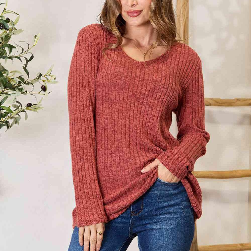 Double Take Ribbed V-Neck Long Sleeve T-Shirt