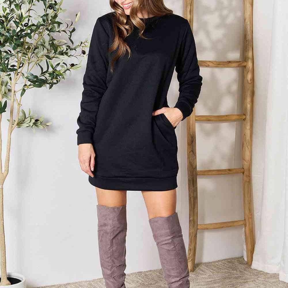 Double Take Round Neck Long Sleeve Mini Dress with Pockets