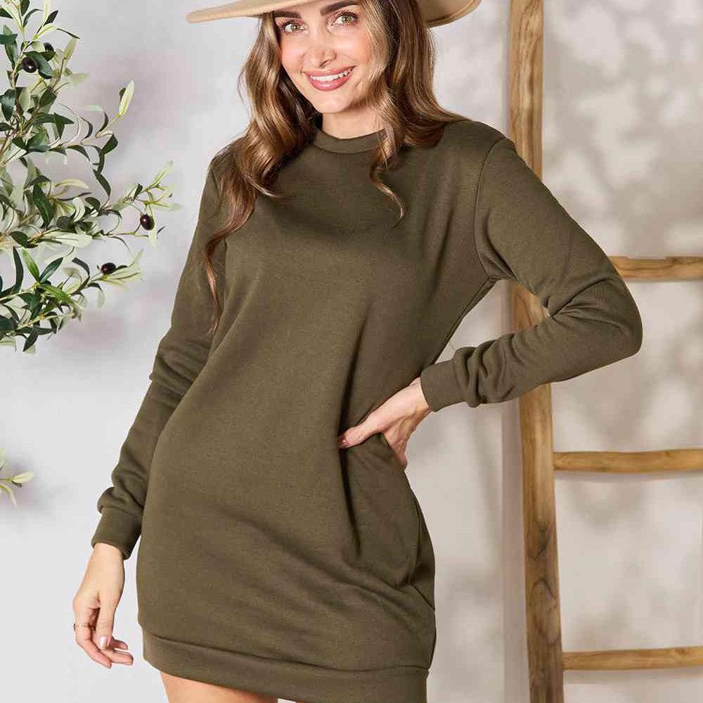 Double Take Round Neck Long Sleeve Mini Dress with Pockets