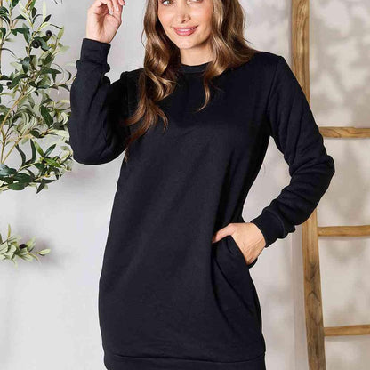 Double Take Round Neck Long Sleeve Mini Dress with Pockets