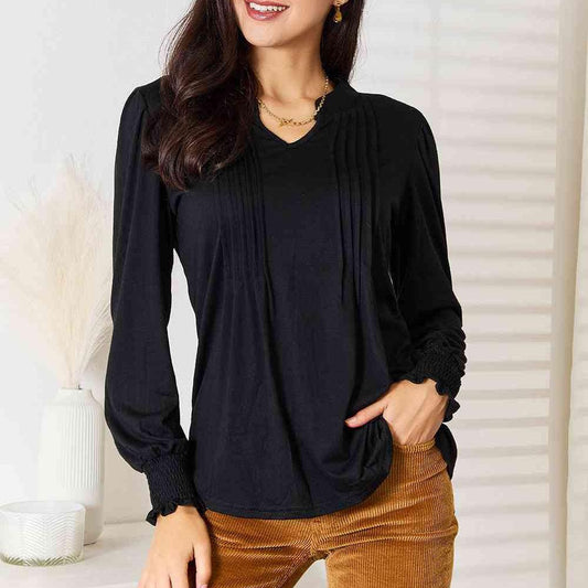 Double Take Ruched Notched Neck Puff Sleeve Blouse