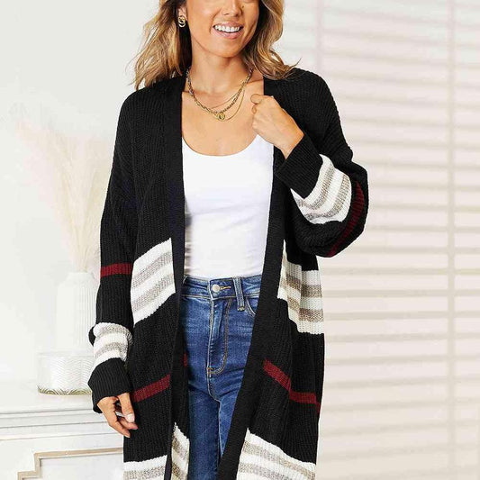 Double Take Striped Rib-Knit Drop Shoulder Open Front Cardigan