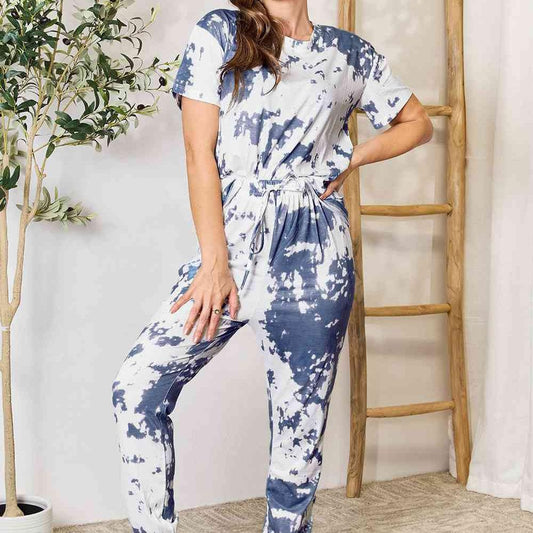 Double Take Tie-Dye Tee and Drawstring Waist Joggers Lounge Set