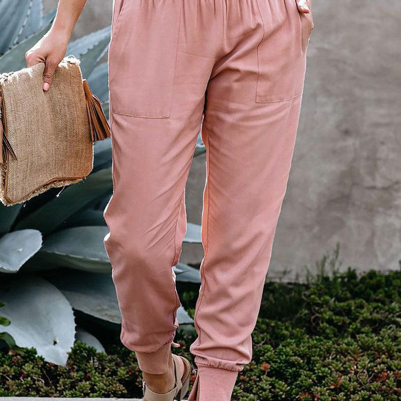 Dropshipping Women High Waist Stretchable Spring Autumn Female Casual Belt Patchwork Long Trousers Work Wear Lady Office Pant