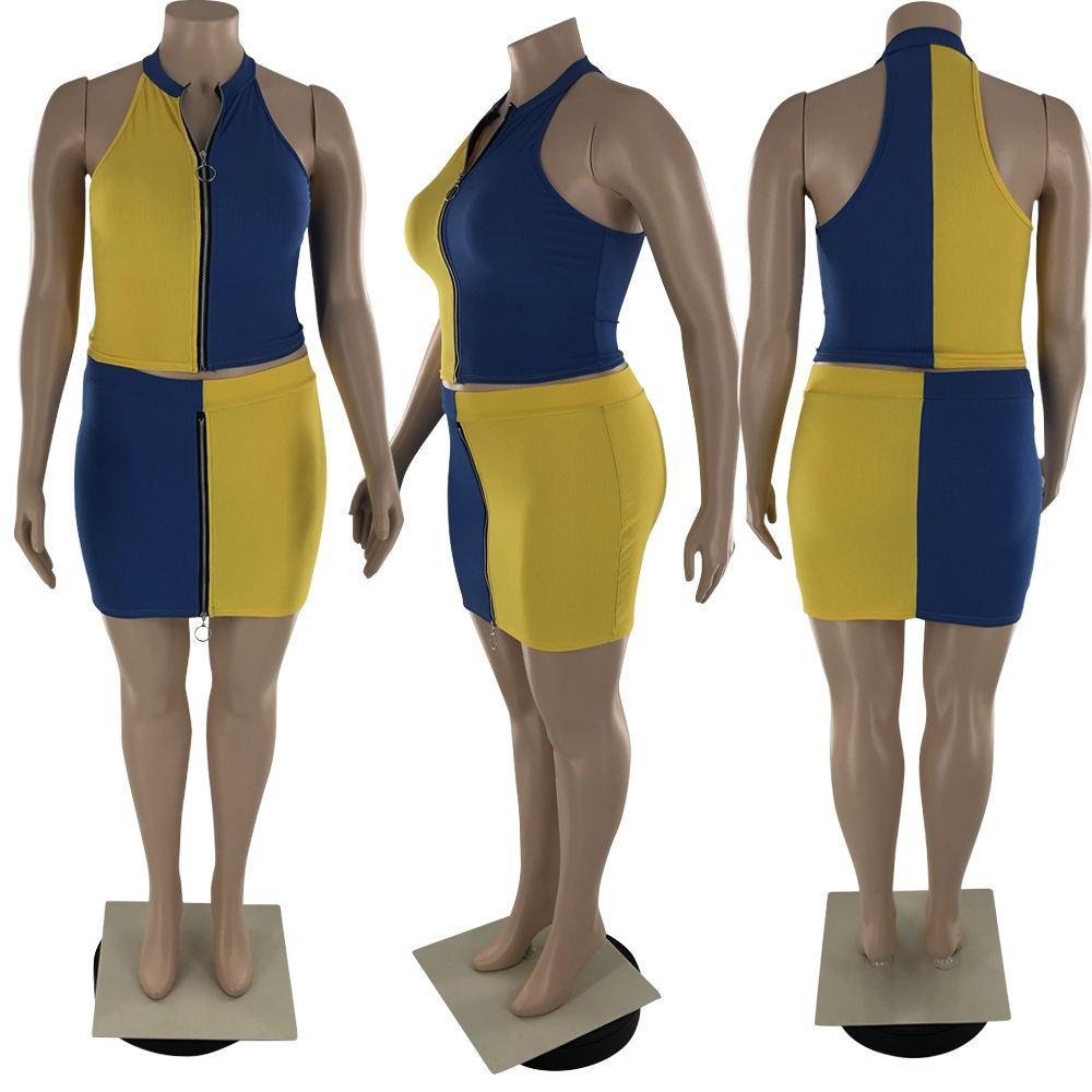 Fashion Summer Patchwork Zipper Sexy Women's Two Piece Skirt Set Outfit Plus Size Women's Clothing 5XL Hot Sale