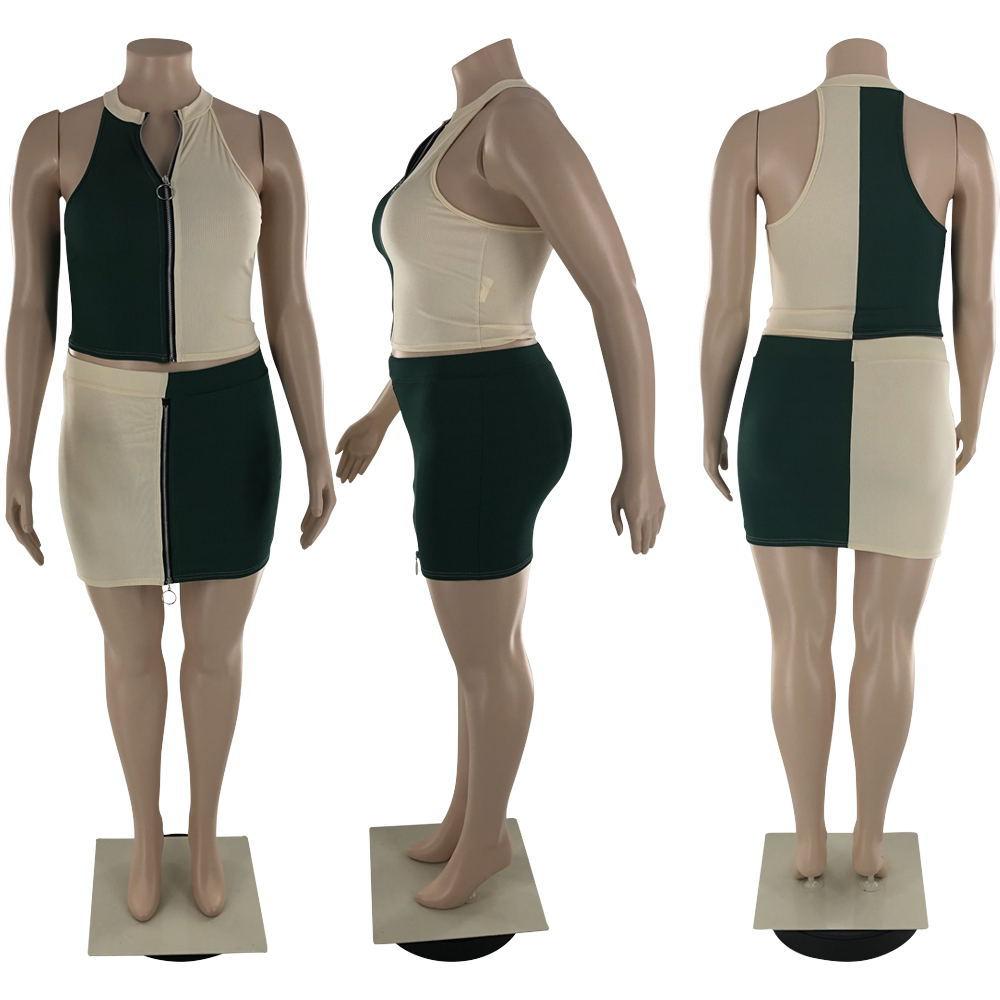 Fashion Summer Patchwork Zipper Sexy Women's Two Piece Skirt Set Outfit Plus Size Women's Clothing 5XL Hot Sale