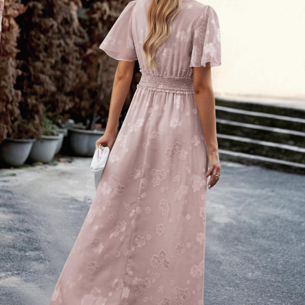 Floral Print V-Neck Smocked Waist High Slit Maxi Dress