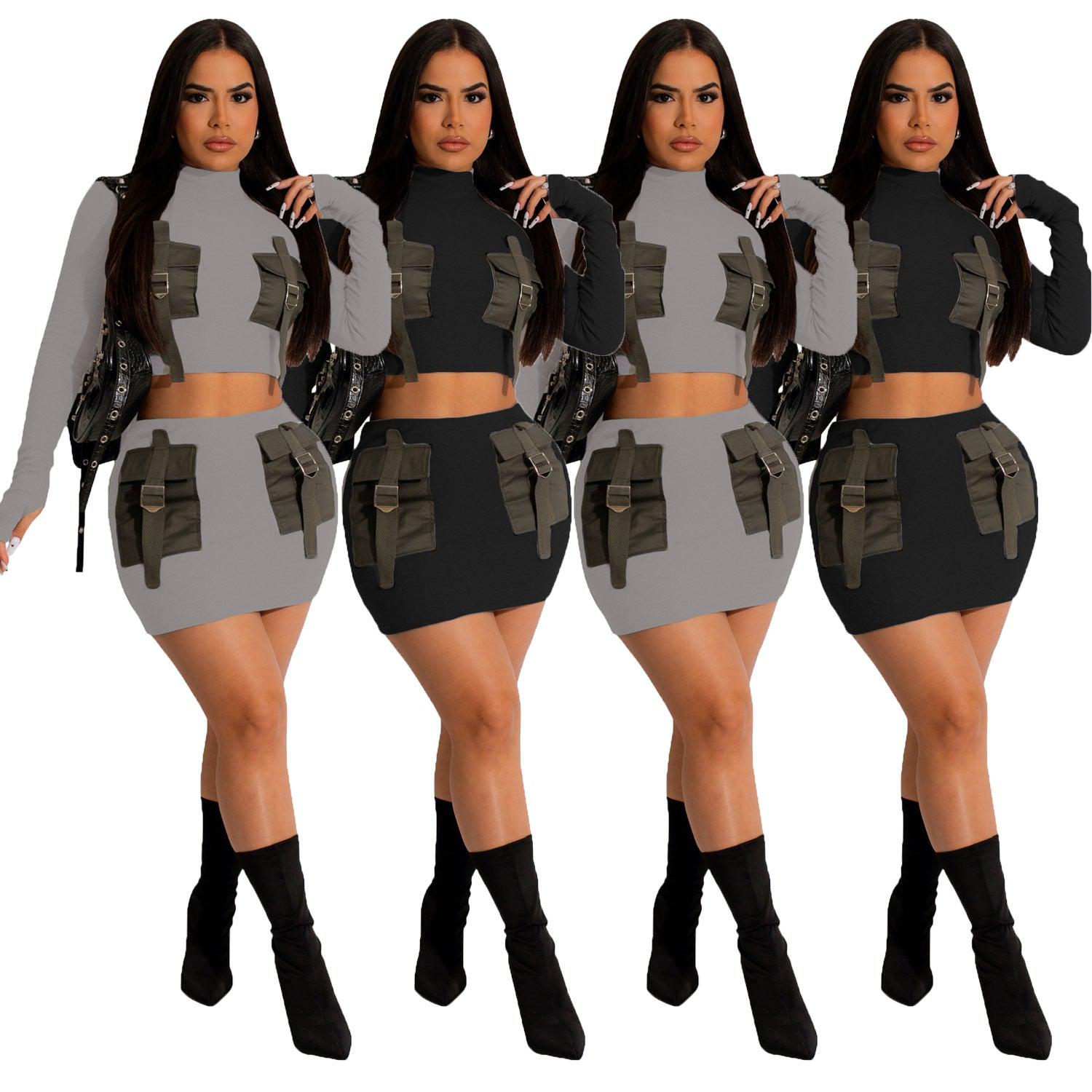 Going Out Sexy Bodycon Long Sleeve Crop Top 2 Piece Short Skirt Set Women Sehe Fashion