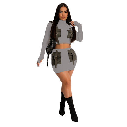 Going Out Sexy Bodycon Long Sleeve Crop Top 2 Piece Short Skirt Set Women Sehe Fashion