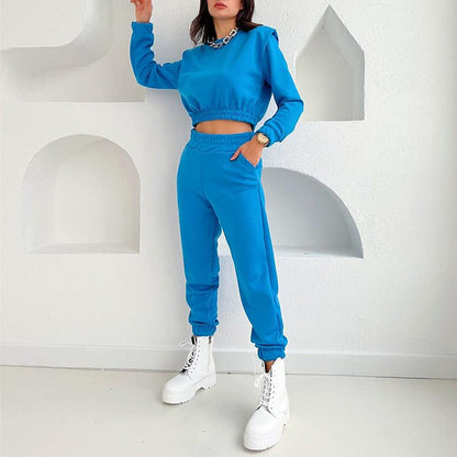 HK3016 2023 Spring Two Piece Set Women Clothing O Neck Long Sleeve Short Sweater Sports Pants Tracksuits For Women Jogger Outfit