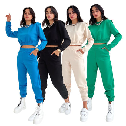 HK3016 2023 Spring Two Piece Set Women Clothing O Neck Long Sleeve Short Sweater Sports Pants Tracksuits For Women Jogger Outfit