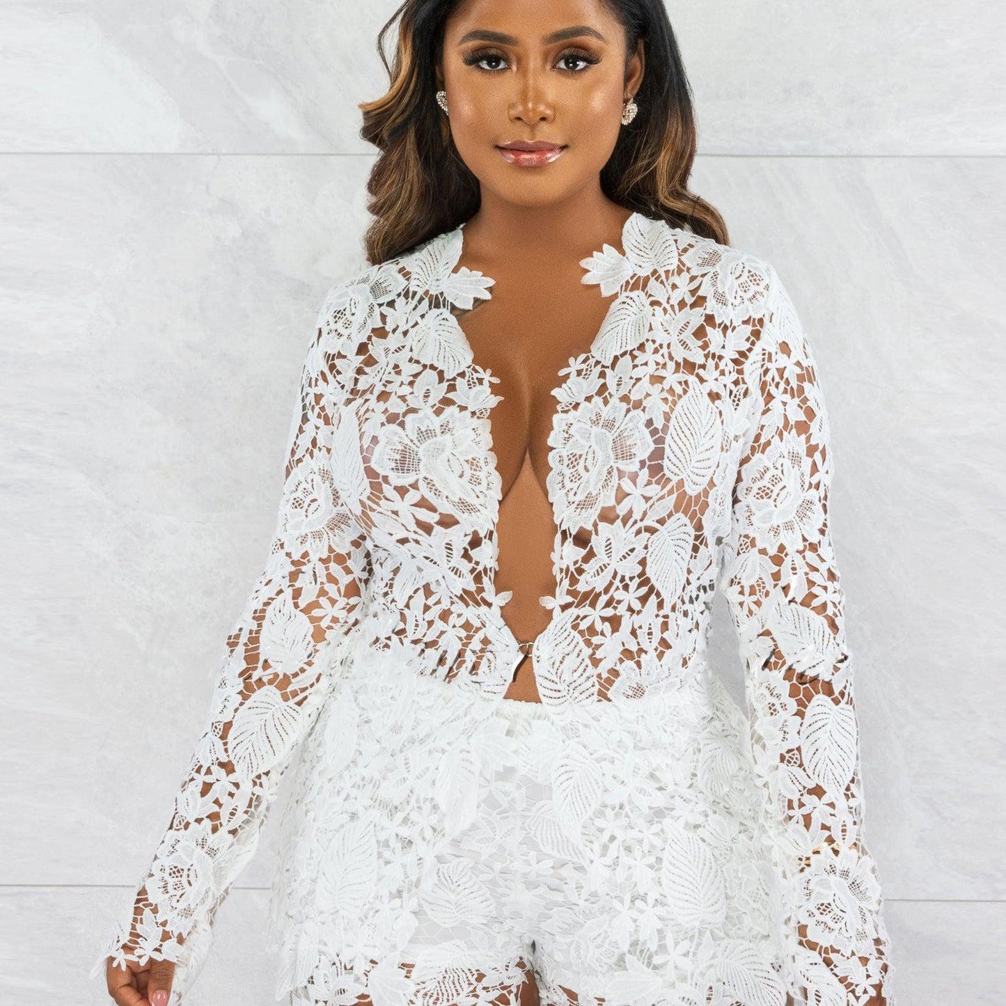 High Quality Lace Set 2023 Fall Long Sleeve Hollow Out Lace Shirt With Shorts Sexy Two Piece Short Set Women Clothing