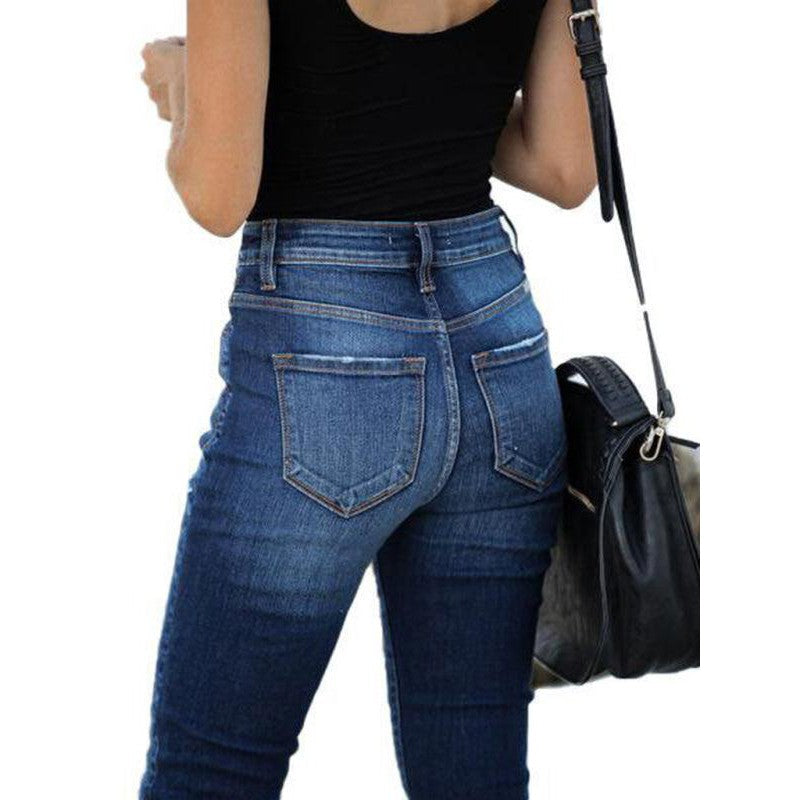 High Waist Retro Breasted Fringed Small Feet Elastic Ripped Jeans Women's Trousers