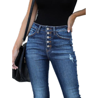High Waist Retro Breasted Fringed Small Feet Elastic Ripped Jeans Women's Trousers