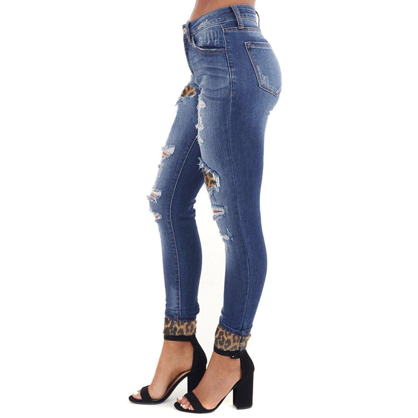 Hollow Out Leopard Patchwork Distressed Jeans