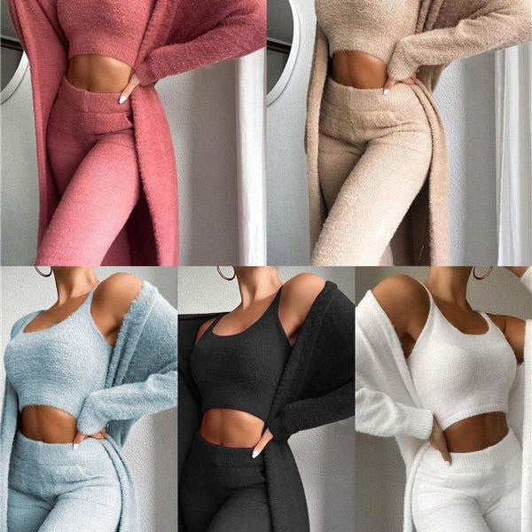 Hot Sale Ladies V-neck Fuzzy 3 Piece Lounge Wear Solid Color Sweatsuit Cardigan Crop Top And Pants Set