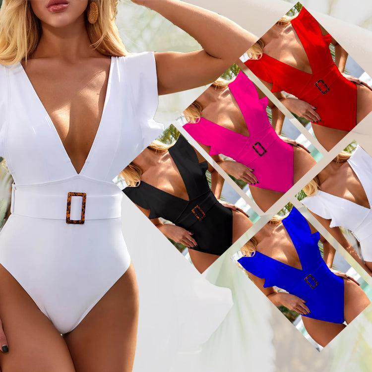 JSN7106 White Ruffle swimsuit female Belt Deep v neck woman custom bathing suit beach one piece swimwear women bathing suit