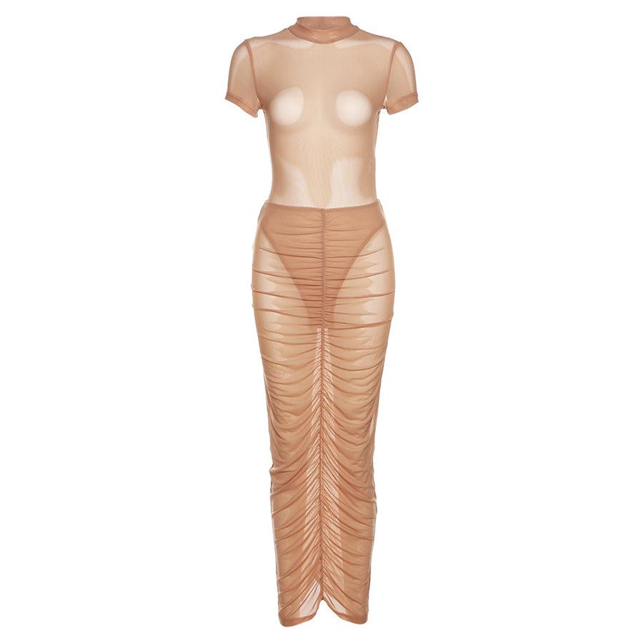 K22S13616 See Through Mesh Women Set Short Sleeve Bodysuit Matching Pleated Skirt 2 Piece Outfit