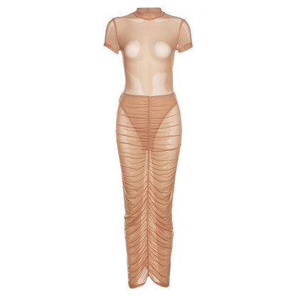 K22S13616 See Through Mesh Women Set Short Sleeve Bodysuit Matching Pleated Skirt 2 Piece Outfit