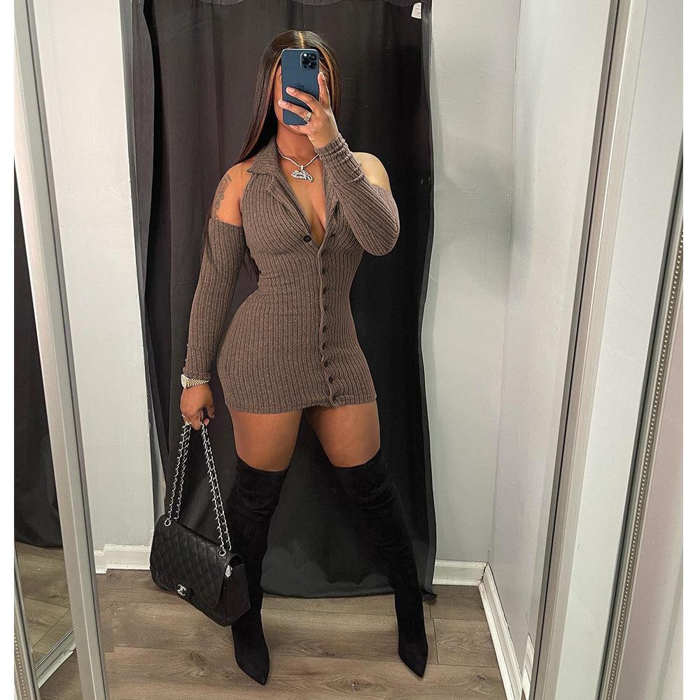 Knitted Women Dress Long Sleeve Solid Bodycon Hollow out V-neck