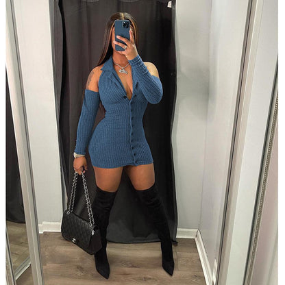 Knitted Women Dress Long Sleeve Solid Bodycon Hollow out V-neck