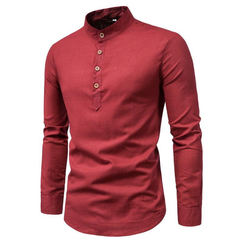 Men Spring and Autumn Cotton and Linen Long Sleeve Shirts Stand Up Collar Solid Color Business Office Uniform Casual Shirt