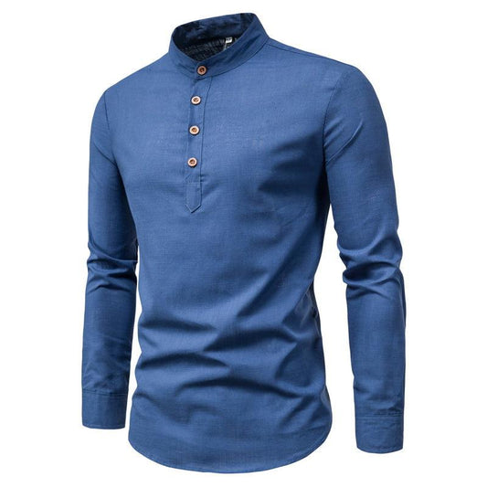 Men Spring and Autumn Cotton and Linen Long Sleeve Shirts Stand Up Collar Solid Color Business Office Uniform Casual Shirt