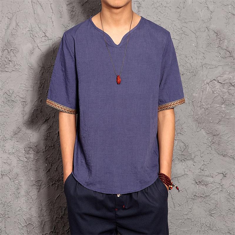Men's Casual Summer Hemp T Shirts Bulk V-neck Linen T-shirt with Breathable Hemp Shirts