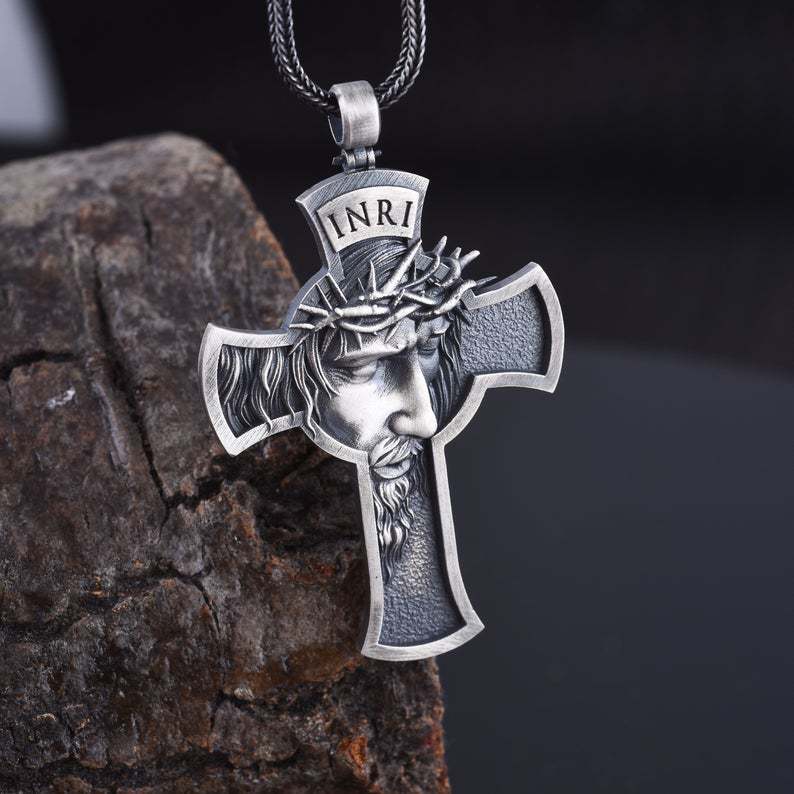 Men's Christian Jewelry Barbed Wire Jesus Cross Necklace