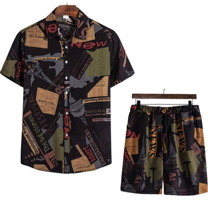 Men's Hawaiian Cotton Hemp Beach Wear 2 Piece Shirts and Shorts Set