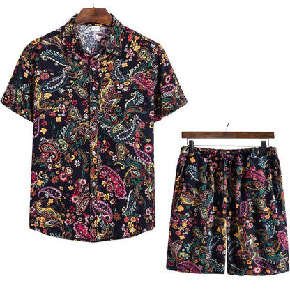 Men's Hawaiian Cotton Hemp Beach Wear 2 Piece Shirts and Shorts Set