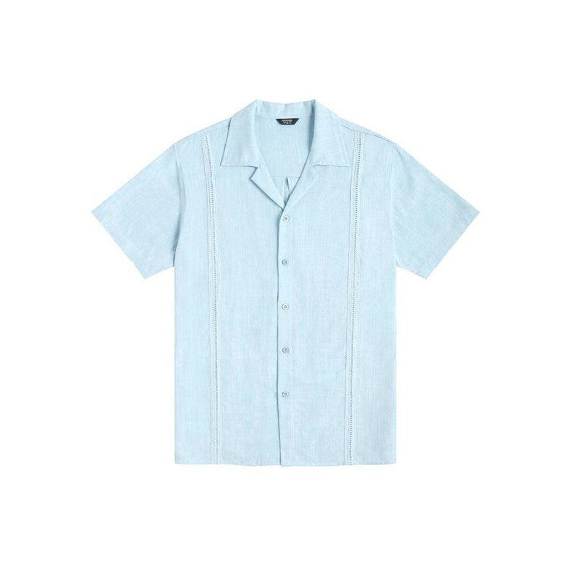 Men's Loose Casual Linen Shirt Cuban Guayabera Short Sleeve Beach Shirt