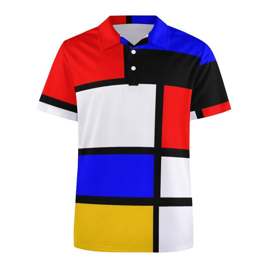Multi Geometric Print Polo Art Mondrian Style Casual Shirt