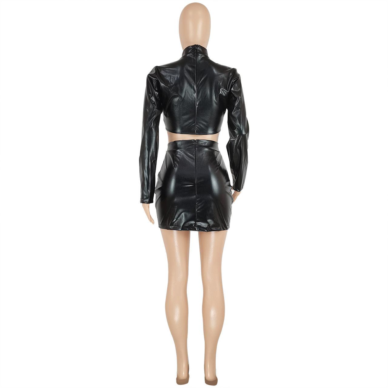 New Fancy Cut Out Long Sleeve Crop Top+Mini Skirt Pu Leather Two Piece Set Sexy Nightclub Style Y2K Women Clothing