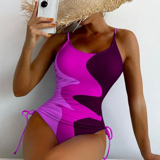 New One-Piece Swimsuit Multicolor Stitching Drawstring Corrugated Ladies Swimsuit