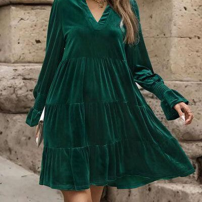 Notched Long Sleeve Tiered Dress