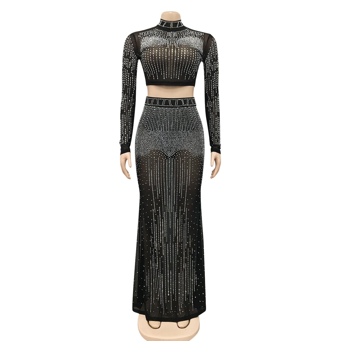 Party Black Mesh Crop Top Long Skirt Rhinestone Women's Luxury Clothing 2022