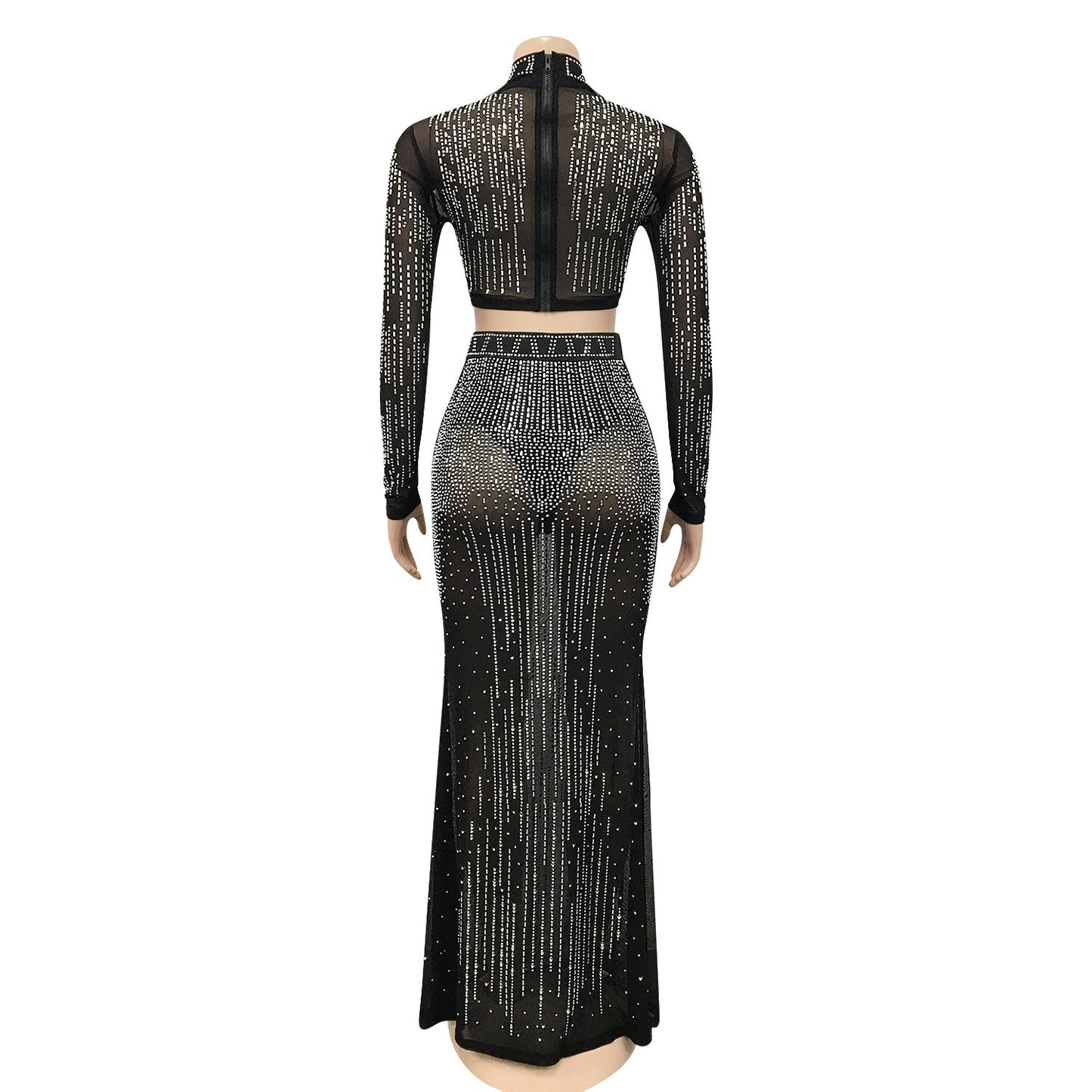 Party Black Mesh Crop Top Long Skirt Rhinestone Women's Luxury Clothing 2022