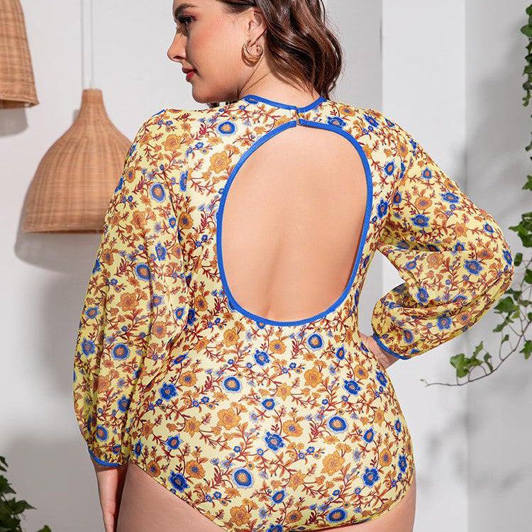 Plus Size Floral Open Back Long Sleeve One-Piece Swimsuit