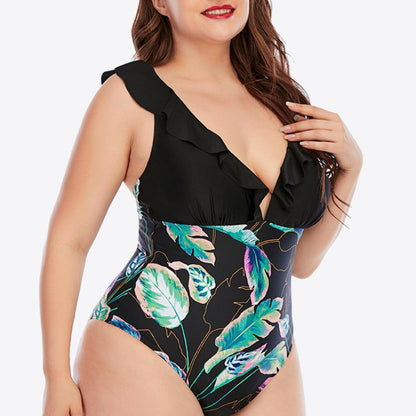 Plus Size Printed Ruffled Deep V One-Piece Swimsuit