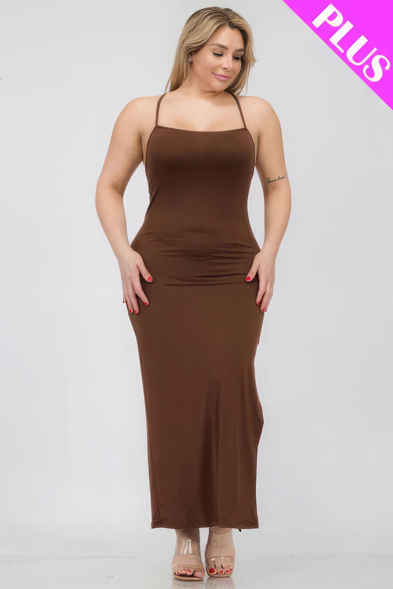 Plus Size Crisscross Back Split Thigh Maxi Dress Brown 2