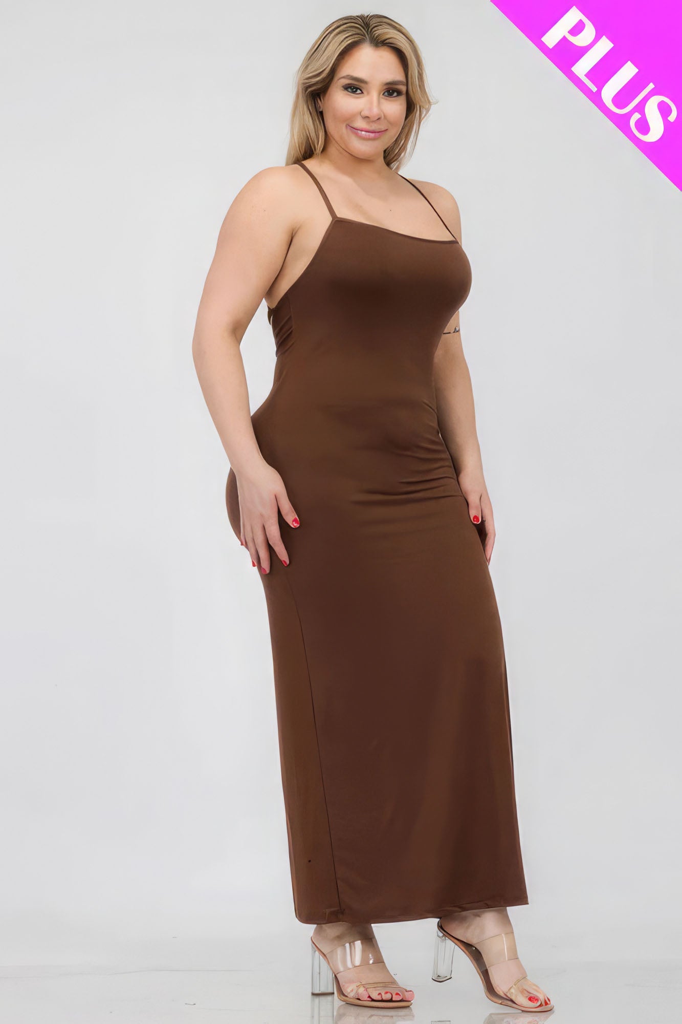 Plus Size Crisscross Back Split Thigh Maxi Dress Brown 3