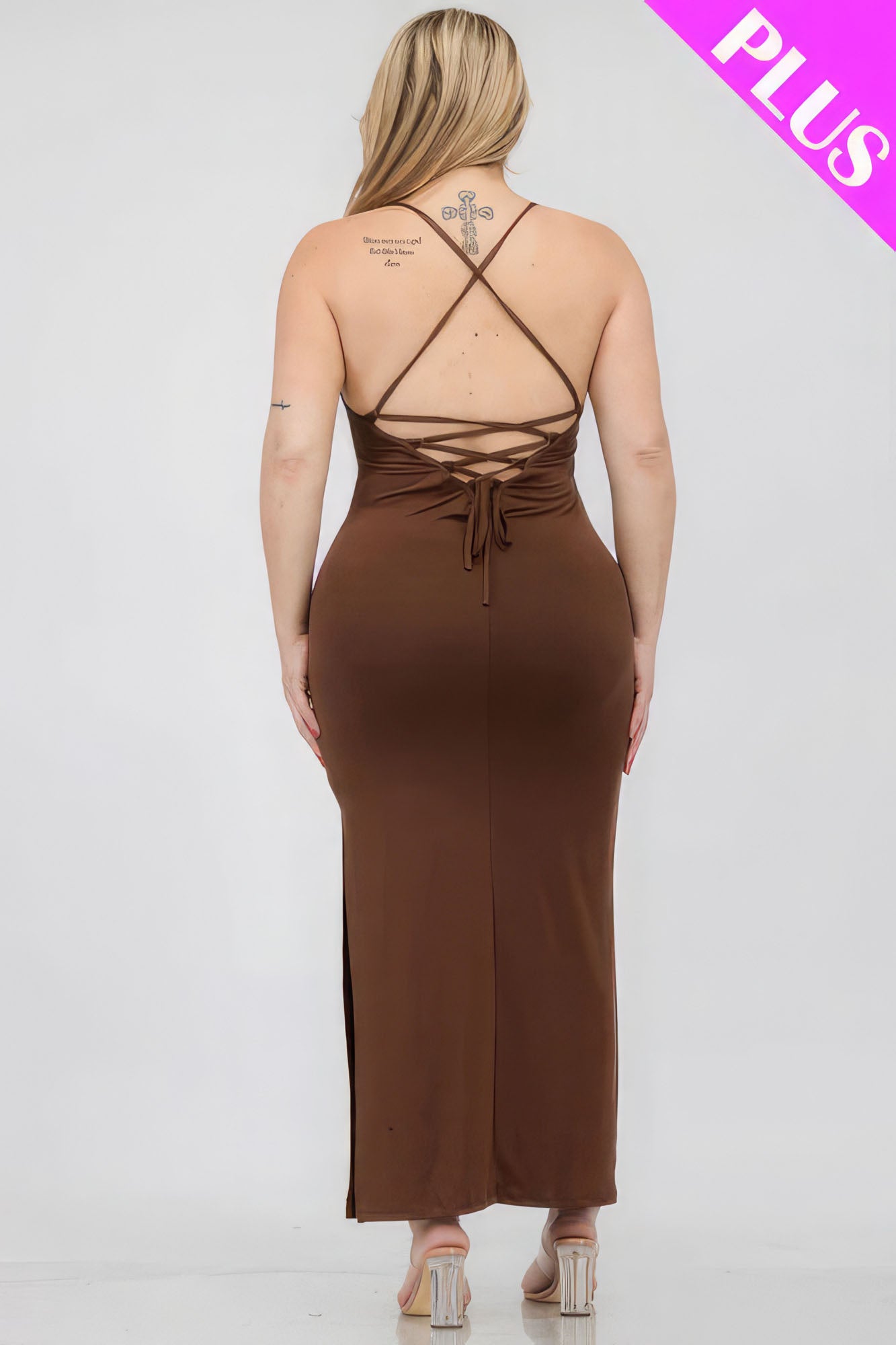 Plus Size Crisscross Back Split Thigh Maxi Dress Brown 5
