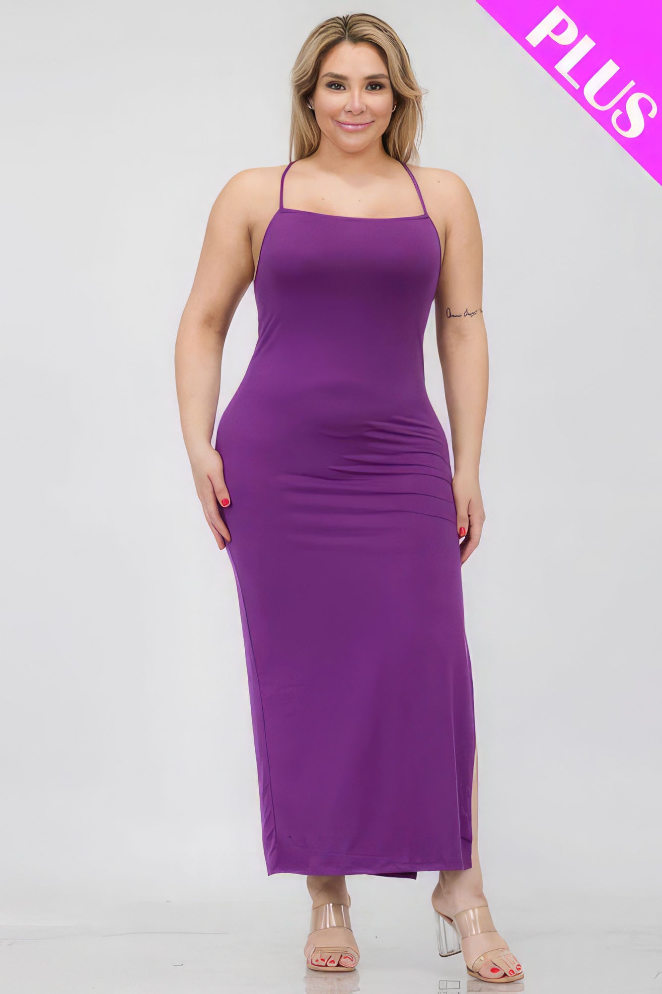Plus Size Crisscross Back Split Thigh Maxi Dress Purple 2