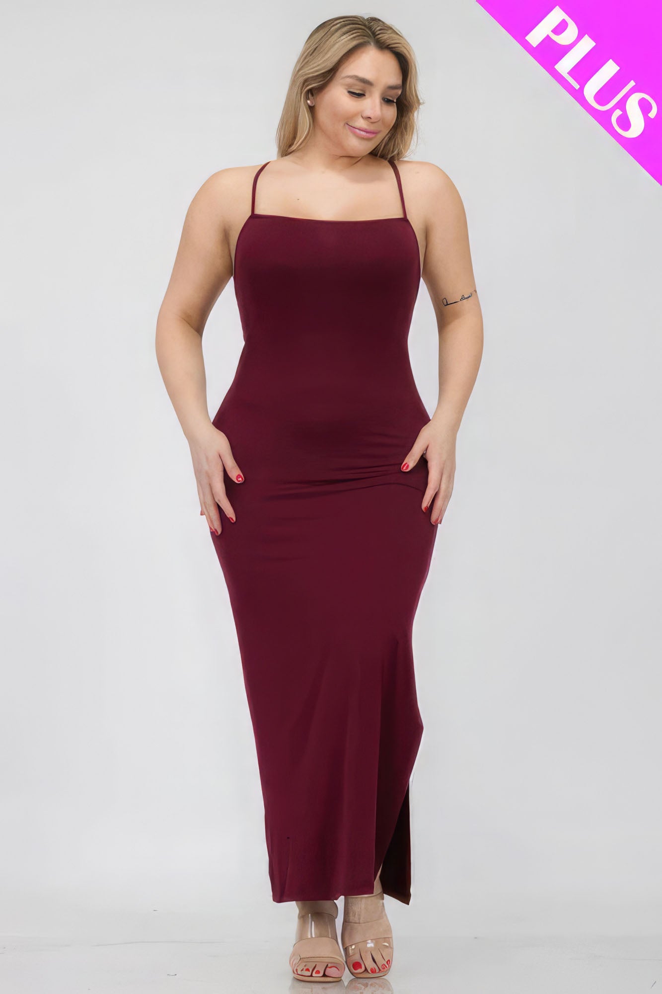 Plus Size Crisscross Back Split Thigh Maxi Dress Red 2