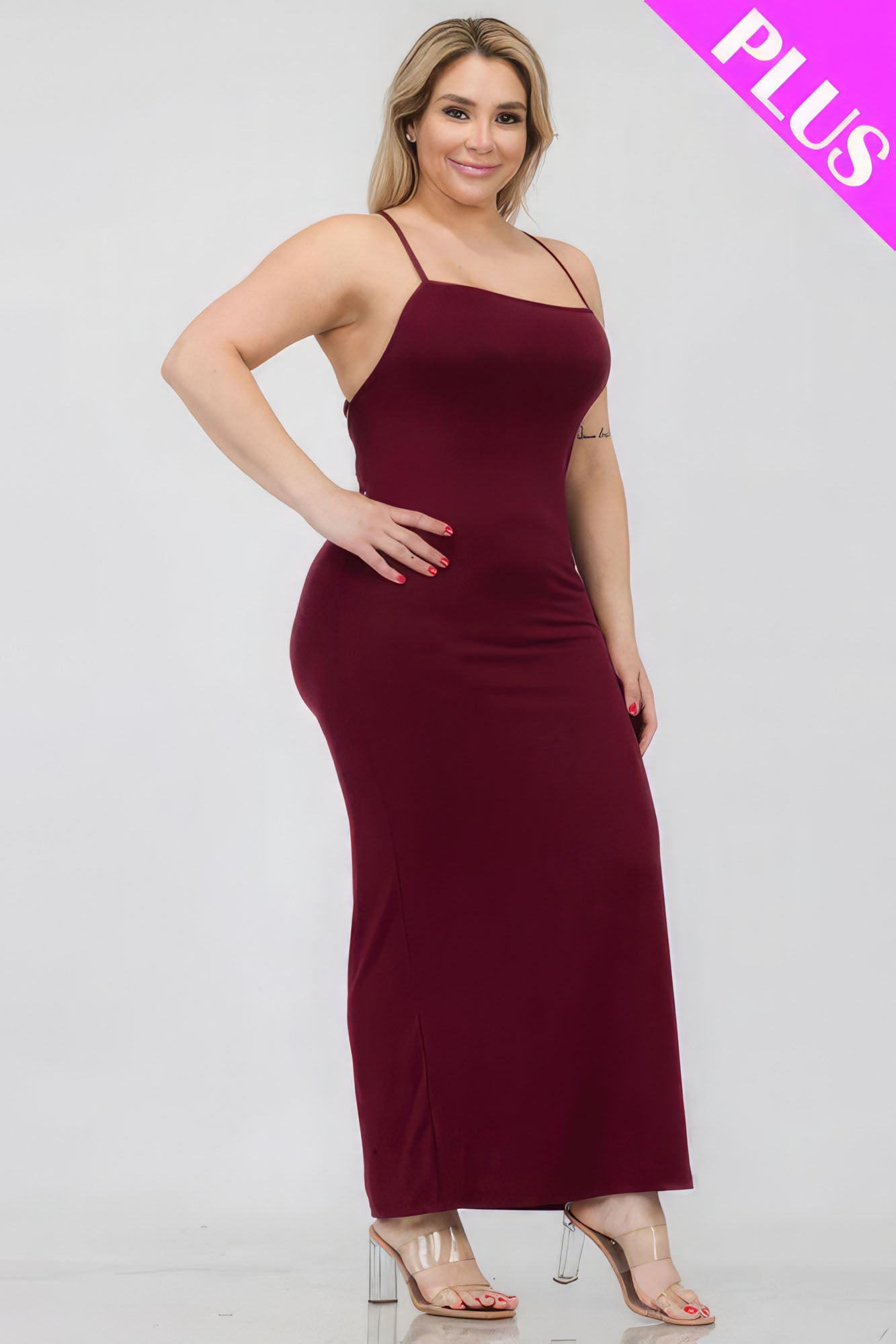 Plus Size Crisscross Back Split Thigh Maxi Dress Red 3