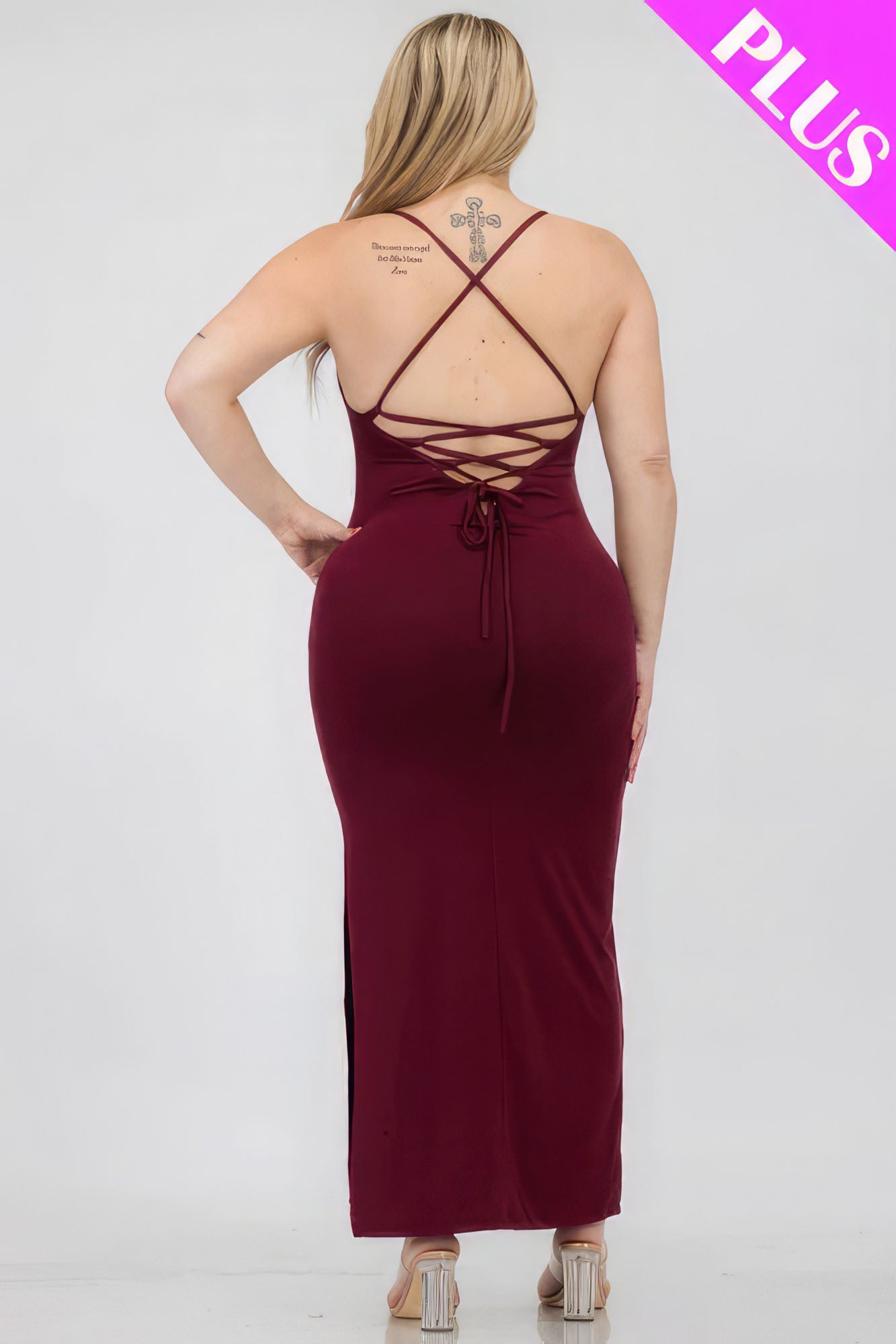 Plus Size Crisscross Back Split Thigh Maxi Dress Red 5