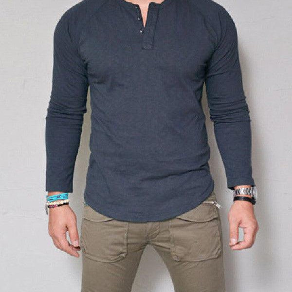 Round Neck Button Long Sleeve T-Shirt Men's Solid Color T-Shirt