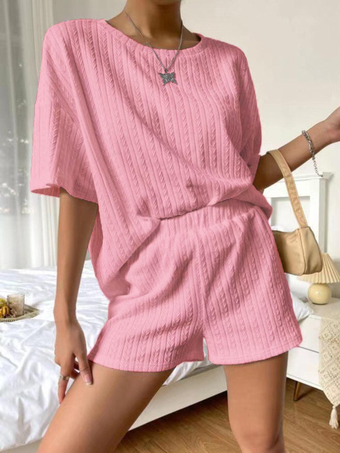 Round Neck Dropped Shoulder Top and Elastic Waist Shorts Set
