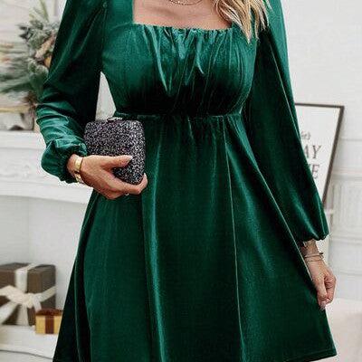 Ruched Square Neck Balloon Sleeve Dress